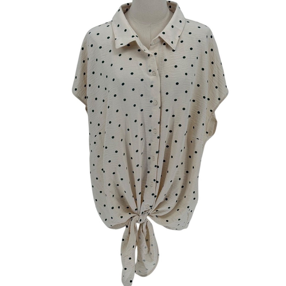 C by One Women's‎ 3X Polka Dot Tie Front Collared Shirt Top Cream